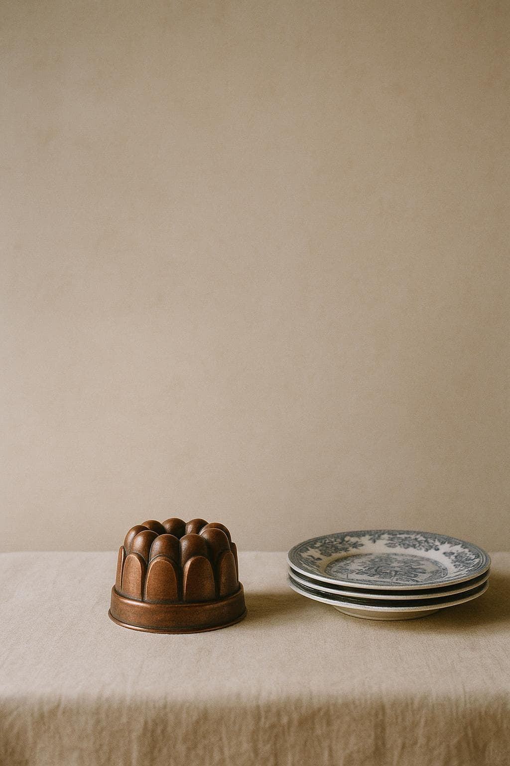 Copper mould and blue-and-white transferware on linen